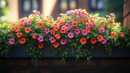 A cozy urban balcony adorned with hanging baskets of petunias and ivy, shown in vibrant 4K.