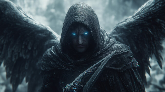 Thanatos, the god of death in black attire, with silver wings and ethereal scythe, cold blue fire in eyes