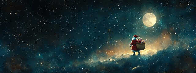 Fototapeta premium Santa Carrying a Sack of Presents Across a Starry Sky, With a Bright Moon and Ample Dark Space Around for Christmas Wishes, Family Holiday Cards, or Marketing Copy