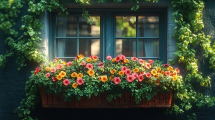 Fototapeta premium A cozy urban balcony with hanging baskets of pansies and ivy, all captured in 4K detail.