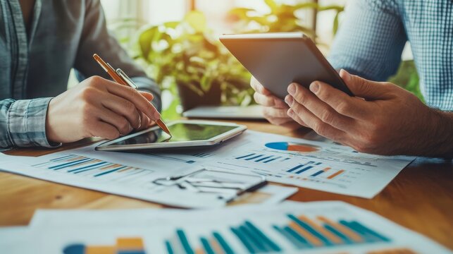 Two people analyze data on digital devices, surrounded by documents featuring graphs and charts, indicating a collaborative work environment.