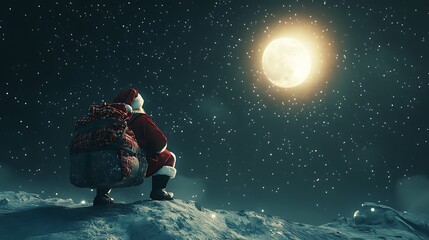 Santa Carrying a Sack of Presents Across a Starry Sky, With a Bright Moon and Ample Dark Space Around for Christmas Wishes, Family Holiday Cards, or Marketing Copy