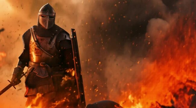 Templar knights scene in fiery action, Slow motion camera with different angles