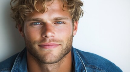 Obraz premium Handsome Man Portrait Blue Eyes Curly Hair Denim Jacket