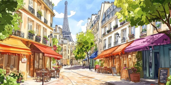 A colorful drawing showing charming streets in Paris.