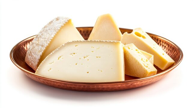 Fresh cheese or kashkaval in a copper plate fresh cheddar cheese isolated on white background close up