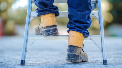 Male maintenance worker feet with protective safety shoes climbing up on aluminum step ladder at construction site building service tool and equipment