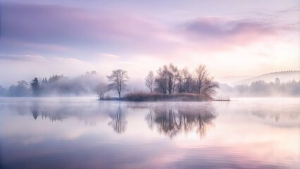 A Misty Morning Landscape With Silhouetted Trees Reflecting in the Still Water of a Calm Lake
