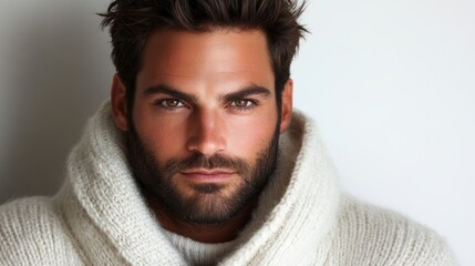 Obraz premium Handsome Man Portrait Winter Fashion Male Model Knitwear Closeup