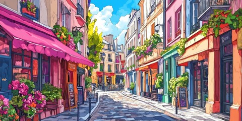 Fototapeta premium A colorful drawing showing charming streets in Paris.
