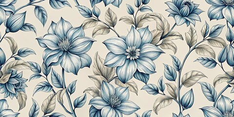A delicate floral pattern featuring intricately drawn blue blossoms and delicate, sketched foliage on a soft cream background.