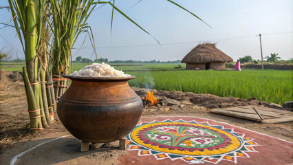 Happy Pongal south Indian festival village background with sugarcane and decorative pot