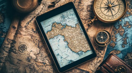Vintage Map Tablet Compass Exploration Travel Adventure