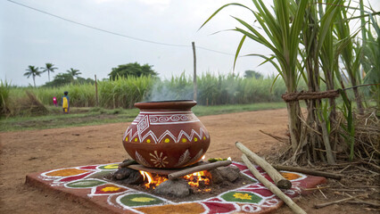 Happy Pongal south Indian festival village background with sugarcane and decorative pot