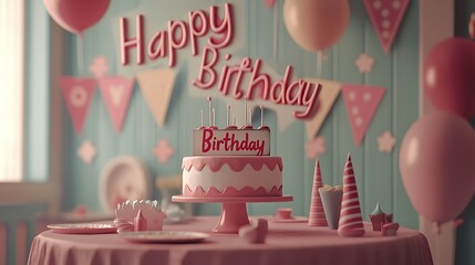 Happy Birthday in cutout paper style with hanging pennants in pastel colors, soft shadows creating a 3D effect, party decorations in the background, high detail, hd quality. --ar 16:9