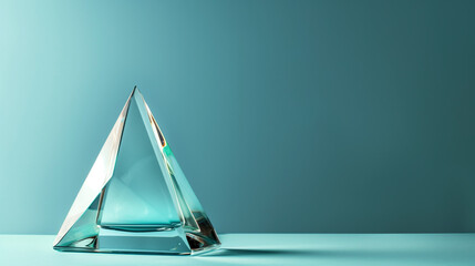 a glass triangle trophy against a serene light blue background, offering a captivating perspective...