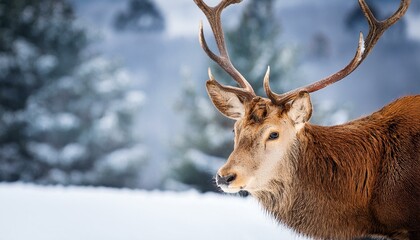Grace in the Snow: Red Deer with Antlers in a Serene Winter Landscape"