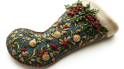 A detailed Christmas stocking with intricate patterns and holly, isolated on a white background.