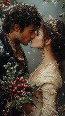 Kissing beneath a mistletoe vine, a young couple