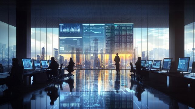 A modern office with individuals working at computers, showcasing digital screens filled with data and a panoramic city skyline at sunset.
