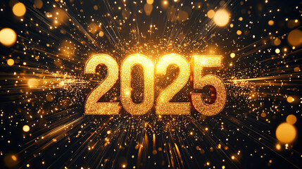 The golden number "2025" is surrounded by fireworks, with a black background and golden confetti falling on it