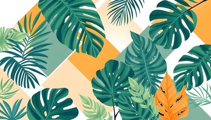 A vibrant pattern featuring tropical leaves and geometric shapes.