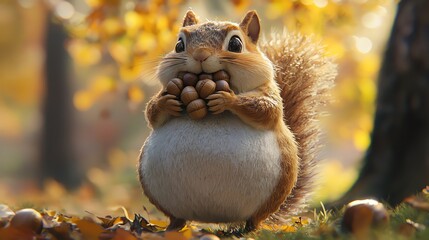 A happy squirrel gathers acorns in a vibrant autumn forest under a golden sunset sky filled with colorful leaves