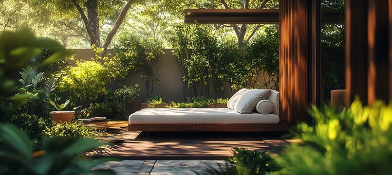 A modern daybed in an outdoor patio surrounded by greenery, with copy space on the side