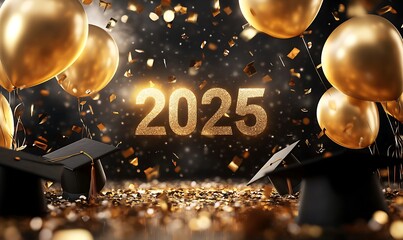  Graduation caps and golden balloons surround the shimmering year 2025, creating a festive atmosphere adorned with sparkling confetti 