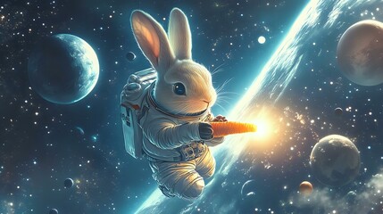 Naklejka premium A rabbit in a spacesuit floating in zero gravity, holding a glowing carrot, with planets and stars in the background, in a space-themed style
