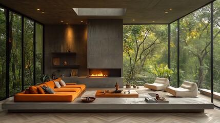 Fototapeta premium Home interior with sofa and armchairs coffee table and fireplace near window 
