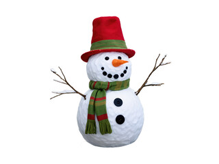 Snowman with a red hat and green scarf on transparent or white background