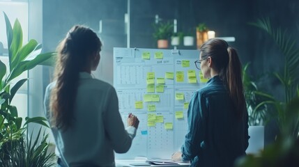 Two women collaborate on a project using a sticky note board, surrounded by plants in a modern, well-lit workspace.