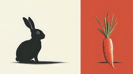 A sleek, minimalistic rabbit silhouette next to a stylized carrot, set against a monochrome background, in a modern abstract style