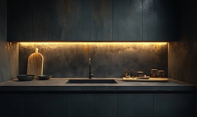  Dark modern kitchen interior with kitchenware, cooking space with shelves 