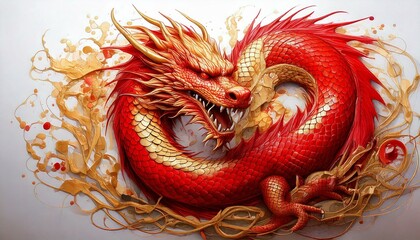 A Mandarin dragon illustrated in red ballpoint pen, accented with gold ink, on a white background