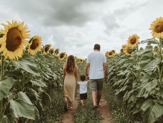A family strolls through a vibrant sunflower field under a cloudy sky, embodying moments of joy and togetherness.