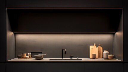  Dark modern kitchen interior with kitchenware, cooking space with shelves 