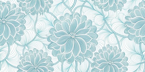 An Abstract Floral Pattern Featuring Delicate, Intertwined Lines and Curved Petals in Shades of Blue on a White Background