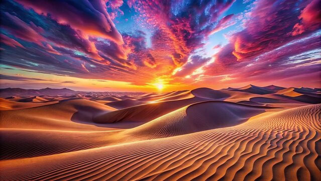A desert landscape with vibrant, layered clouds during sunset, illuminating the rolling sand dunes with a warm, golden glow.