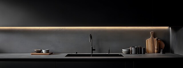  Dark modern kitchen interior with kitchenware, cooking space with shelves 