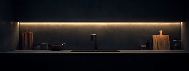  Dark modern kitchen interior with kitchenware, cooking space with shelves 