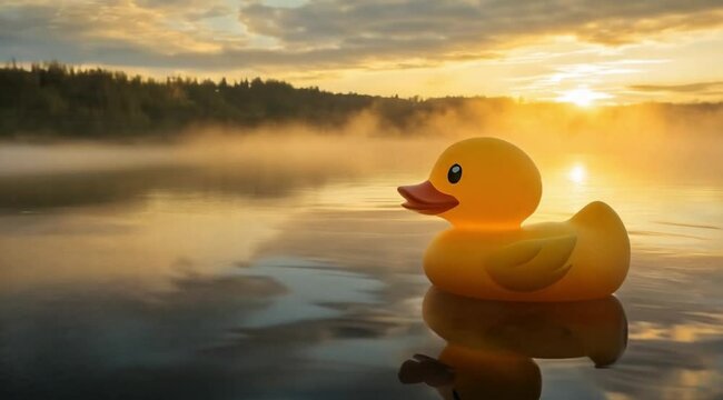 Yellow duck doll scene in the lake, Camera slow motion with different angles