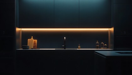  Dark modern kitchen interior with kitchenware, cooking space with shelves 