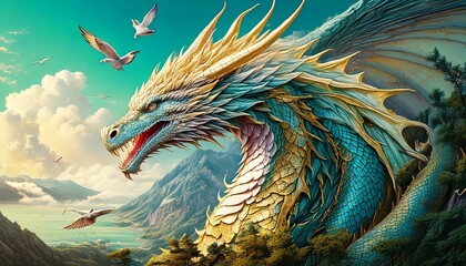 A blue green dragon illustrated in digital Art of AI, highlighted with gold ink, set against a white background