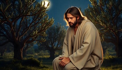 Fototapeta premium Jesus Christ Praying in the Garden of Gethsemane, Surrounded by Olive Trees and Bathed in Soft Moonlight, Seeking Divine Strength