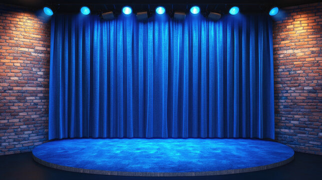 Small stage setup with blue curtains and modern brick wall, ideal for theater or stand-up comedy background
