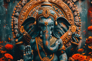 Fototapeta premium Majestic Lord Ganesha Idol Embellished with Golden Ornaments and Marigolds