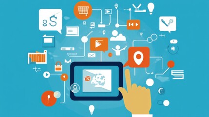 Hand on Digital Tablet with Various Icons