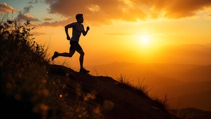 Silhouette of a Sprinting Athlete on a Hilltop with a Bright Horizon, Capturing Speed and Determination